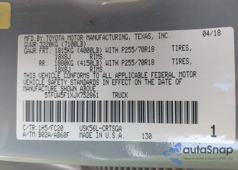 2018 Toyota Tundra Double Cab Sr/Double Cab Sr5 from USA, damaged, VIN 5TFUW5F1XJX752861